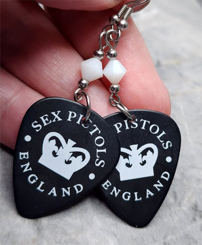 Sex Pistols Crown on Black Guitar Pick Earrings with White Swarovski Crystals
