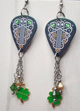 Shamrock Celtic Themed Guitar Pick Earrings with Shamrock Charms and Swarovski Crystal Dangles