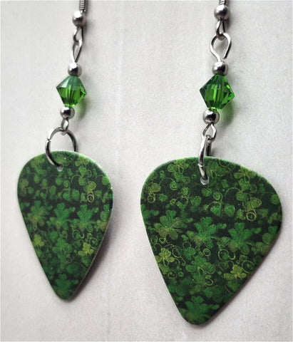 Shamrock Covered Guitar Pick Earrings with Green Swarovski Crystals