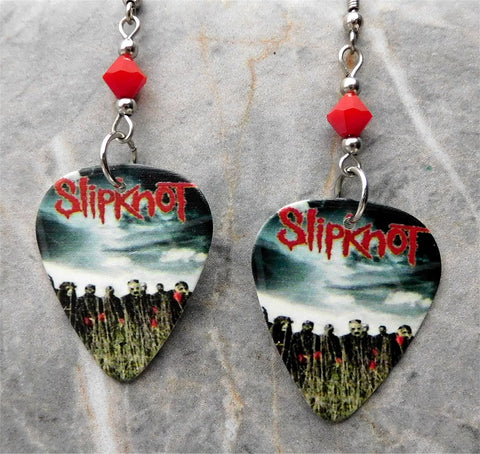 Slipknot All Hope Is Gone Guitar Pick Earrings with Dark Red Pave Bead Dangles