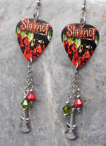 Slipknot Wait and Bleed Guitar Pick Earrings with Guitar Charm and Swarovski Crystal Dangles