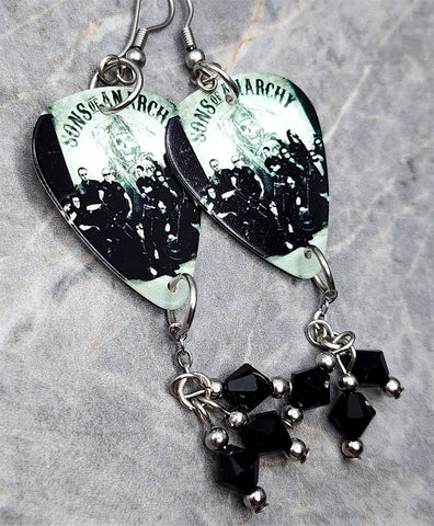Sons of Anarchy Guitar Pick Earrings with Black Swarovski Crystal Dangles