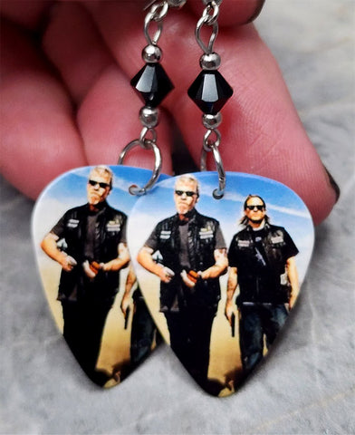 Jax Teller and Clay Morrow Sons of Anarchy Guitar Pick Earrings with Black Swarovski Crystals