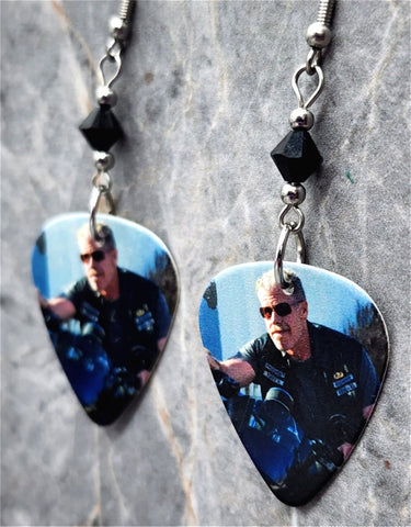 Clay Morrow Sons of Anarchy Guitar Pick Earrings with Black Swarovski Crystals