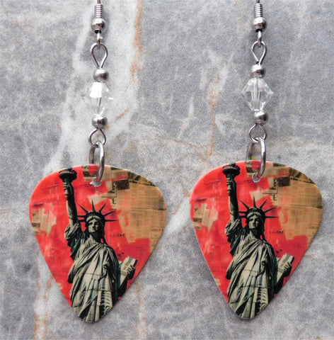 Statue of Liberty Guitar Pick Earrings with Clear Swarovski Crystals
