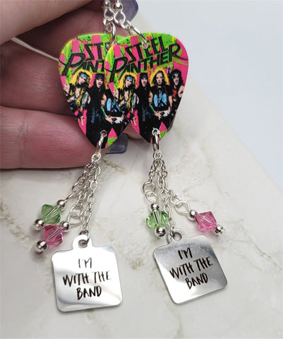 Steel Panther Group Picture Guitar Pick Earrings with I'm With the Band Charms and Swarovski Crystal Dangles