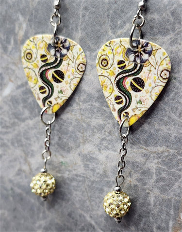 Steve Earle I Feel Alright Guitar Pick Earrings with Pale Yellow Pave Bead Dangles