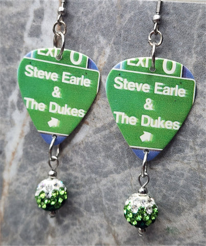 Steve Earle & The Dukes Guitar Pick Earrings with Green Ombre Pave Bead Dangles