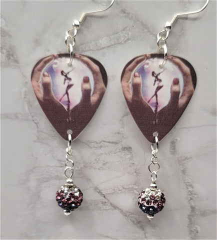 Styx Crystal Ball Guitar Pick Earrings with Purple to White Ombre Pave Bead Dangles