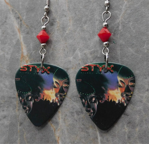 Styx Kilroy Was Here Guitar Pick Earrings with Red Swarovski Crystals