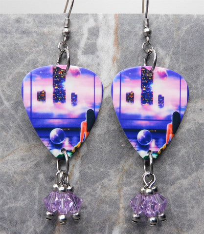 Styx Brave New World Guitar Pick Earrings with Purple Swarovski Crystal Dangles