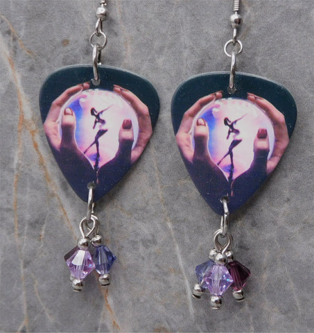 Styx Crystal Ball Guitar Pick Earrings with Purple Swarovski Crystal Dangles