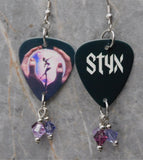 Styx Crystal Ball Guitar Pick Earrings with Purple Swarovski Crystal Dangles