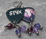 Styx Crystal Ball Guitar Pick Earrings with Purple Swarovski Crystal Dangles