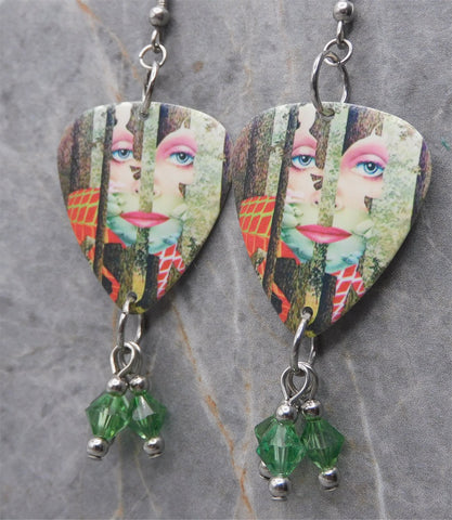 Styx The Grand Illusion Guitar Pick Earrings with Green Swarovski Crystal Dangles