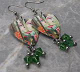 Styx The Grand Illusion Guitar Pick Earrings with Green Swarovski Crystal Dangles