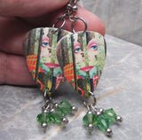 Styx The Grand Illusion Guitar Pick Earrings with Green Swarovski Crystal Dangles