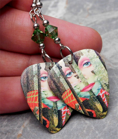 Styx The Grand Illusion Guitar Pick Earrings with Green Swarovski Crystals