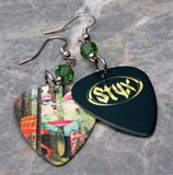 Styx The Grand Illusion Guitar Pick Earrings with Green Swarovski Crystals