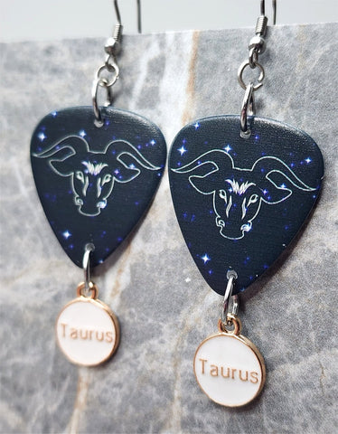 Horoscope Astrological Sign Taurus Guitar Pick Earrings with Taurus Charm Dangles