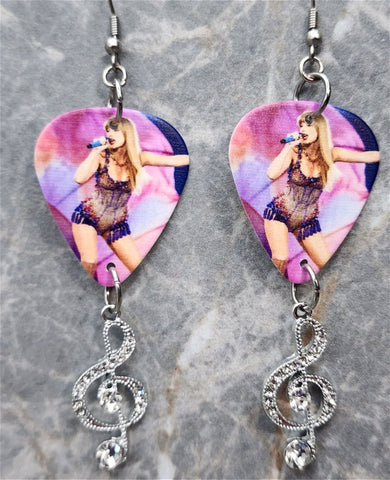 Taylor Swift Guitar Pick Earrings with Crystal and Metal Clef Note Charm Dangles