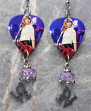 Taylor Swift Guitar Pick Earrings with Love Charm and Violet Swarovski Crystal Dangles