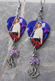 Taylor Swift Guitar Pick Earrings with Love Charm and Violet Swarovski Crystal Dangles