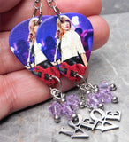 Taylor Swift Guitar Pick Earrings with Love Charm and Violet Swarovski Crystal Dangles