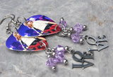 Taylor Swift Guitar Pick Earrings with Love Charm and Violet Swarovski Crystal Dangles