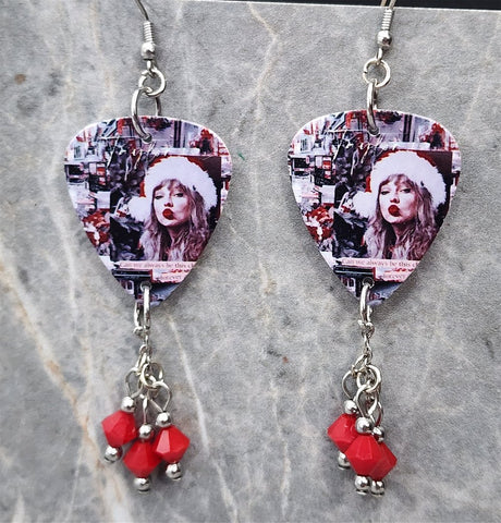 Taylor Swift Santa Claus Guitar Pick Earrings with Red Swarovski Crystal Dangles