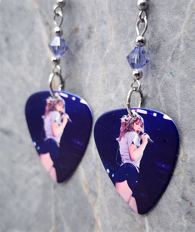 Taylor Swift on Stage Guitar Pick Earrings with Purple Swarovski Crystals