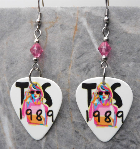 Taylor Swift 1989 Guitar Pick Earrings with Pink Swarovski Crystals