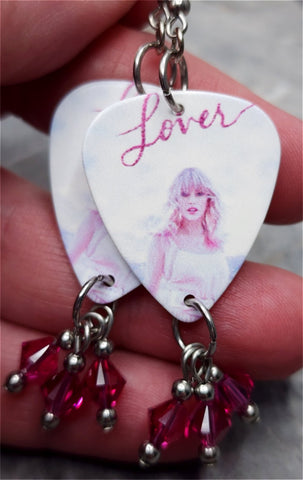 Taylor Swift Lover Guitar Pick Earrings with Fuchsia Swarovski Crystal Dangles