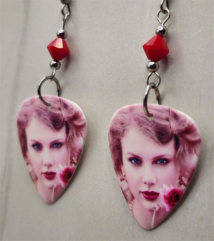 Taylor Swift Guitar Pick Earrings with Red Swarovski Crystals