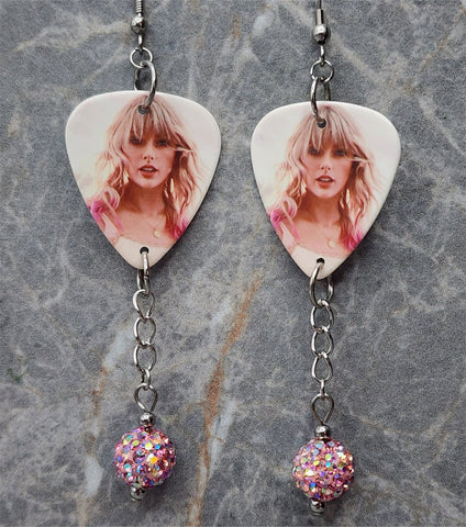 Taylor Swift Guitar Pick Earrings with Pink ABx2 Pave Bead Dangles