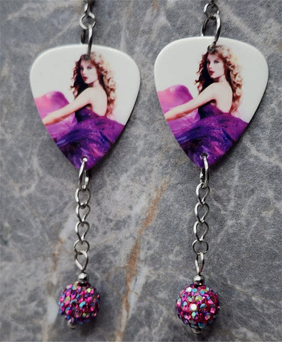 Taylor Swift Speak Now Guitar Pick Earrings with Fuchsia ABx2 Pave Bead Dangles