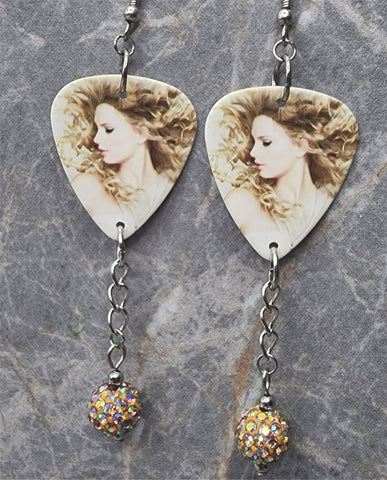 Taylor Swift Fearless Guitar Pick Earrings with Yellow ABx2 Pave Bead Dangles