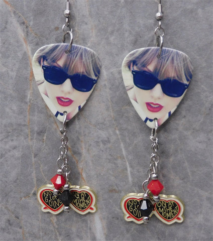 Taylor Swift Red Guitar Pick Earrings with Sunglasses Charm and Swarovski Crystal Dangles