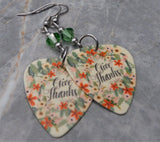 Give Thanks Autumnal Thanksgiving Guitar Pick Earrings with Green Swarovski Crystals