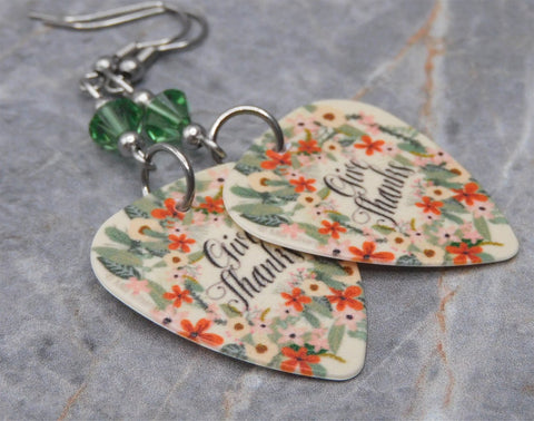 Give Thanks Autumnal Thanksgiving Guitar Pick Earrings with Green Swarovski Crystals