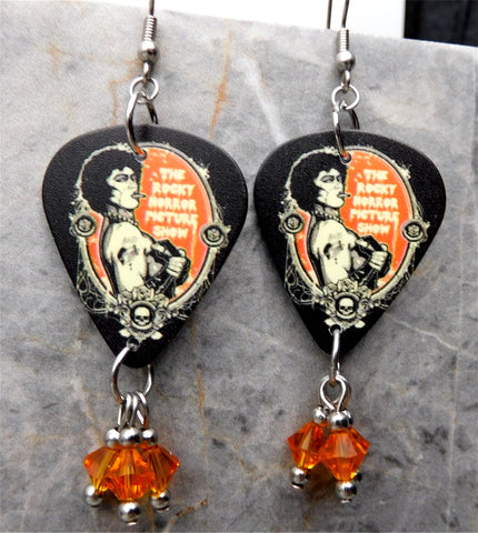 The Rocky Horror Picture Show Guitar Pick Earrings with Orange Swarovski Crystal Dangles