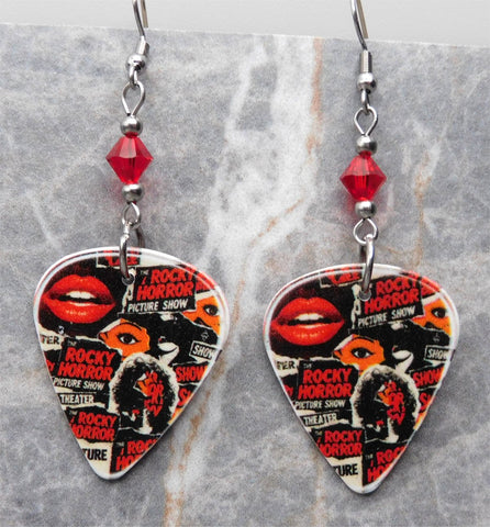 The Rocky Horror Picture Show Collage Style Guitar Pick Earrings with Red Swarovski Crystals