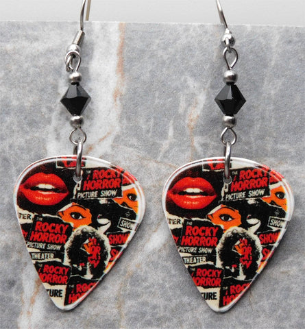 The Rocky Horror Picture Show Collage Style Guitar Pick Earrings with Black Swarovski Crystals