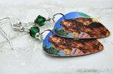 The Wizard of Oz Cowardly Lion Guitar Pick Earrings w Green Swarovski Crystals