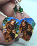 The Wizard of Oz Cowardly Lion Guitar Pick Earrings w Green Swarovski Crystals