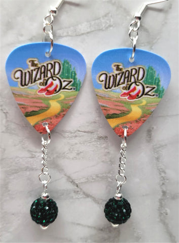 The Wizard of Oz Guitar Pick Earrings with Green Pave Bead Dangles