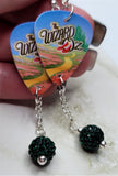 The Wizard of Oz Guitar Pick Earrings with Green Pave Bead Dangles