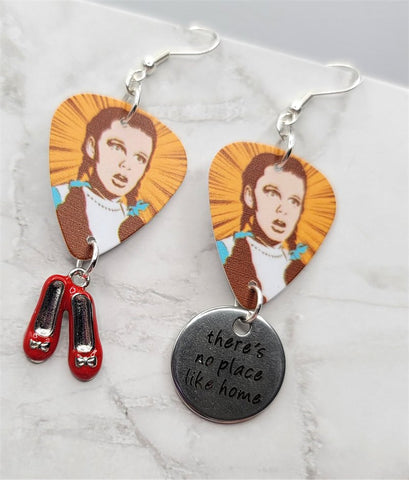 The Wizard of Oz Dorothy Gale Guitar Pick Earrings with There's No Place Like Home and Ruby Slipper Charms