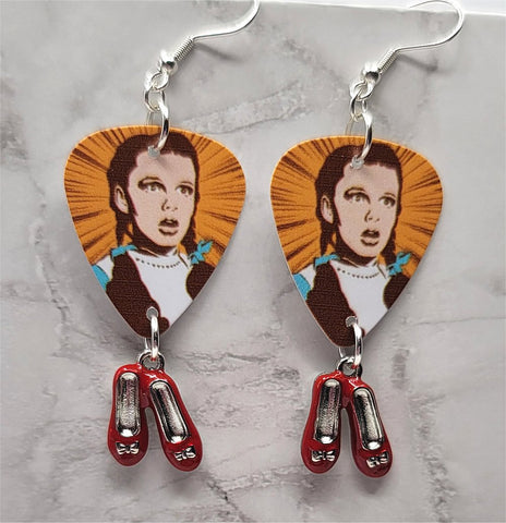 The Wizard of Oz Dorothy Gale Guitar Pick Earrings with Ruby Slipper Charm Dangles