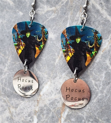 The Wizard of Oz Wicked Witch Guitar Pick Earrings with "Hocus Pocus" Stainless Steel Charms